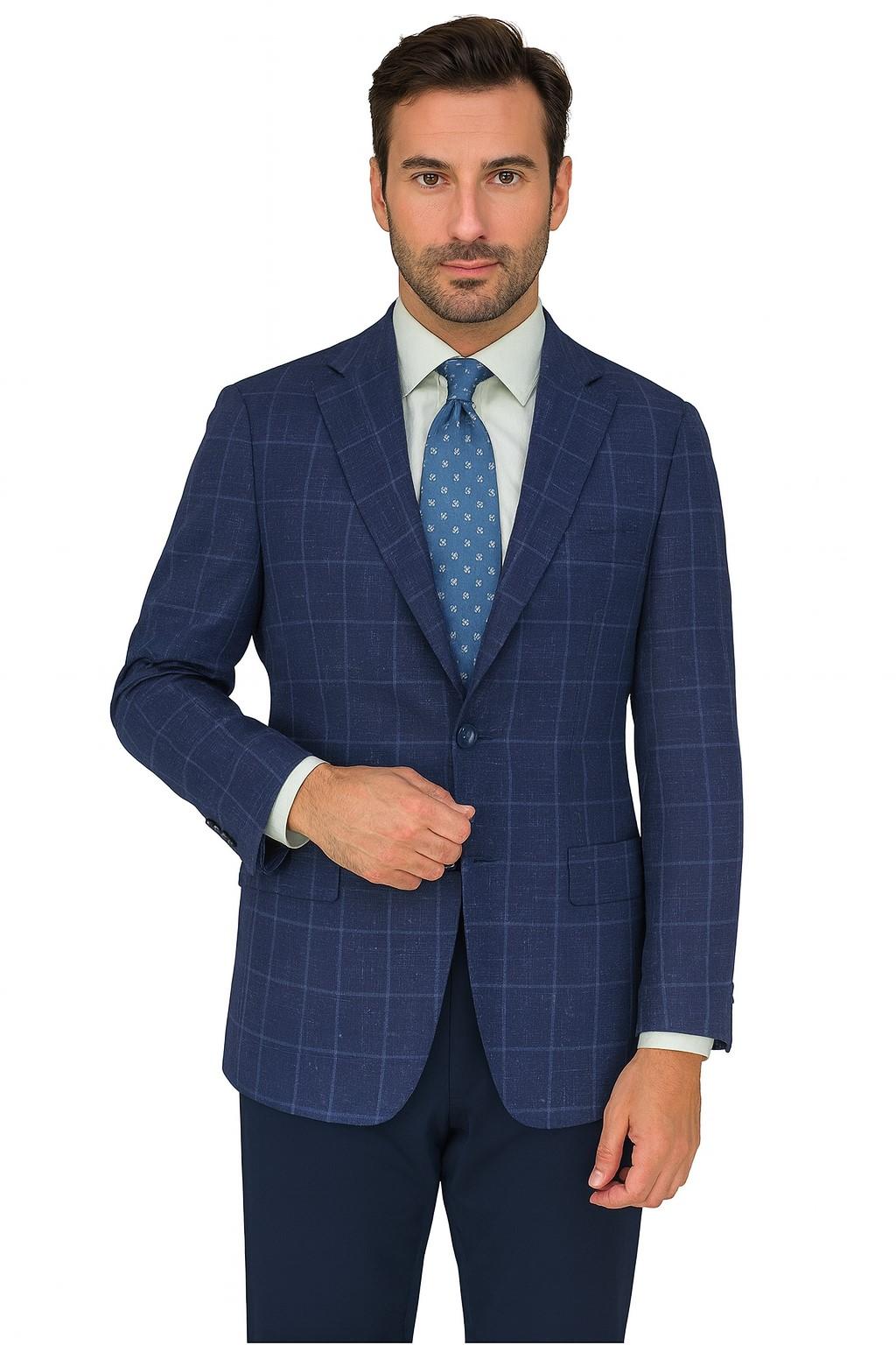 Navy Blue Windowpane 100% Wool Luxury Italian Sport Jacket