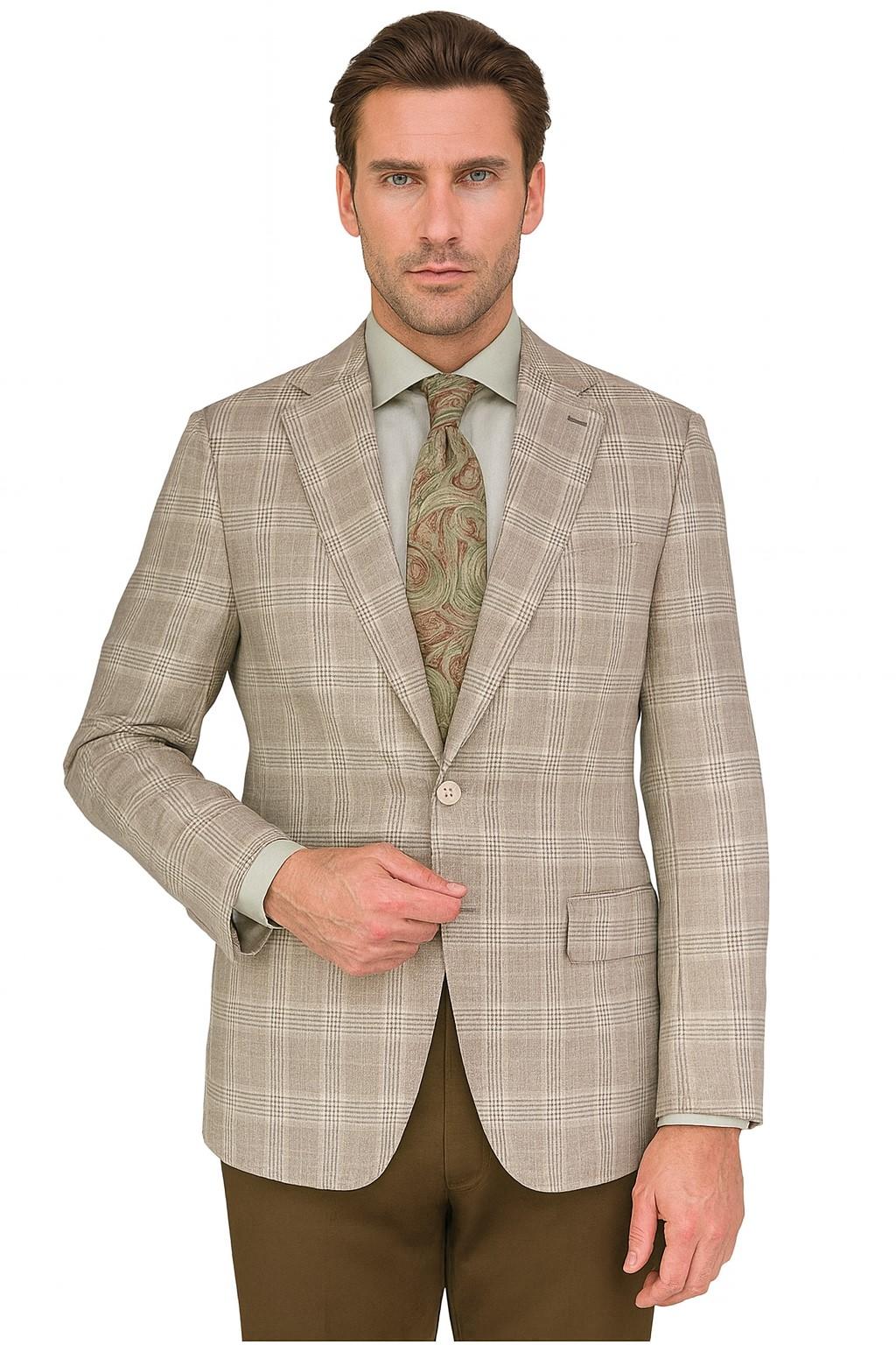 Tan Pink Plaid 100% Premium Wool Luxury Italian Sport Jacket