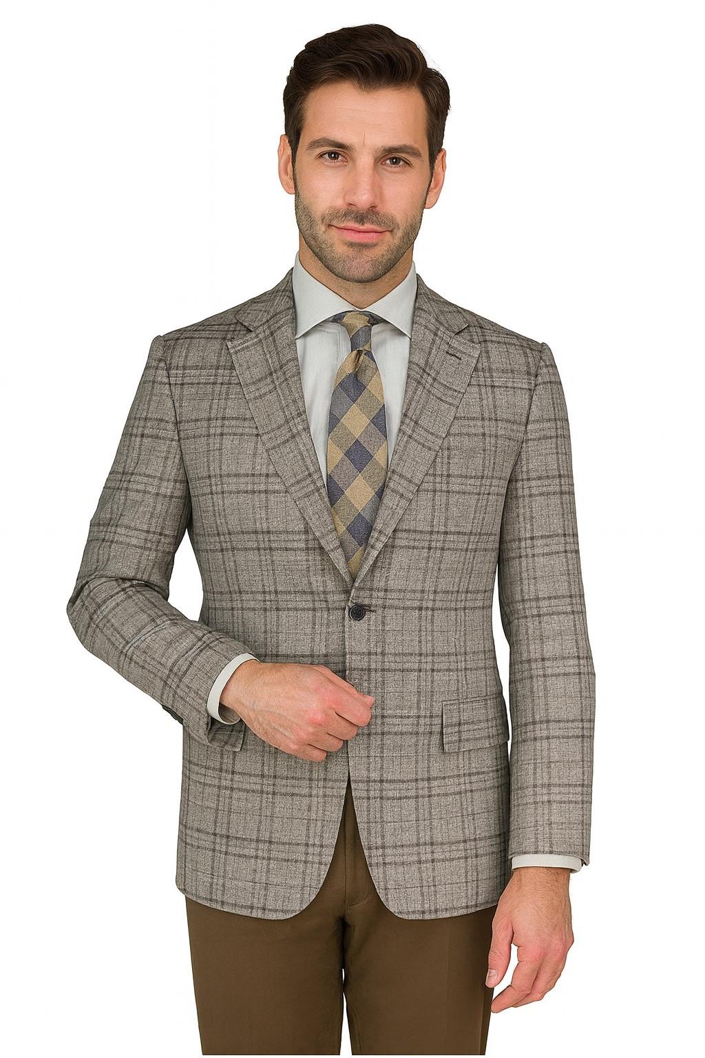 Taupe Camel Windowpane Wool Blend Luxury Italian Sport Jacket